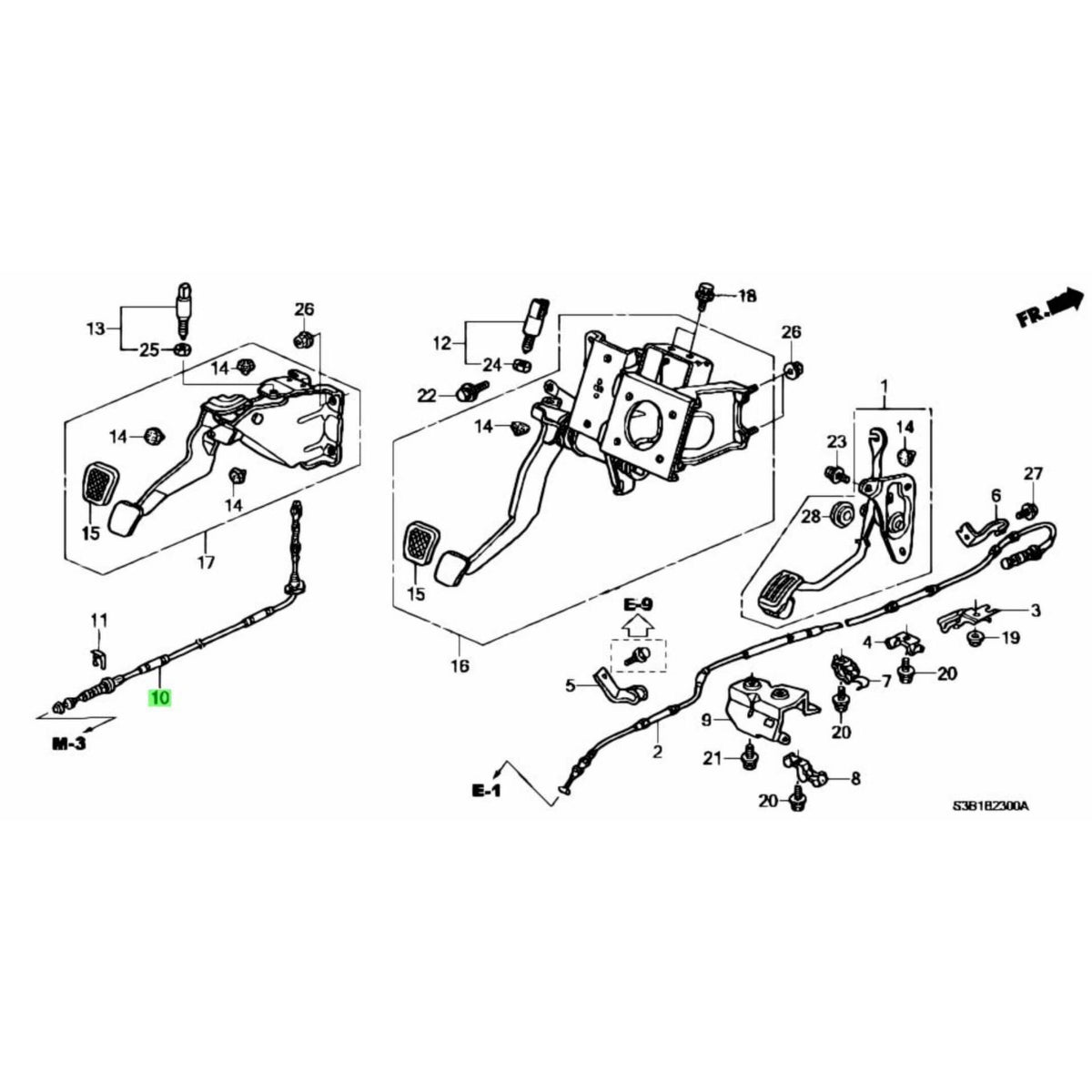 Technical diagram of a clutch cable for Honda Acty Truck HA8, HA9 models (2009-2022), showcasing detailed components and connections.
