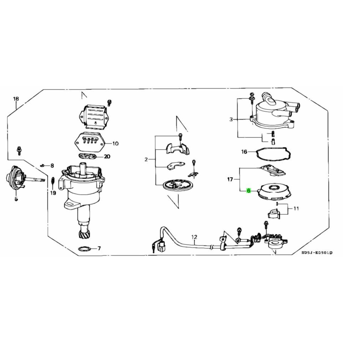 Honda Acty distributor assembly diagram with highlighted Distributor Internal Leak Cover part for HH3, HH4 models