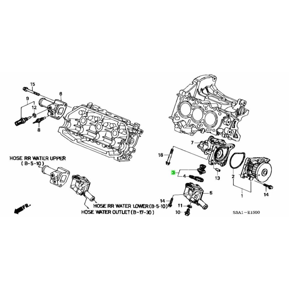 Technical diagram of a thermostat for Honda Vamos Van HM1, HM2 models (1999-2018), showcasing detailed parts and assembly layout.