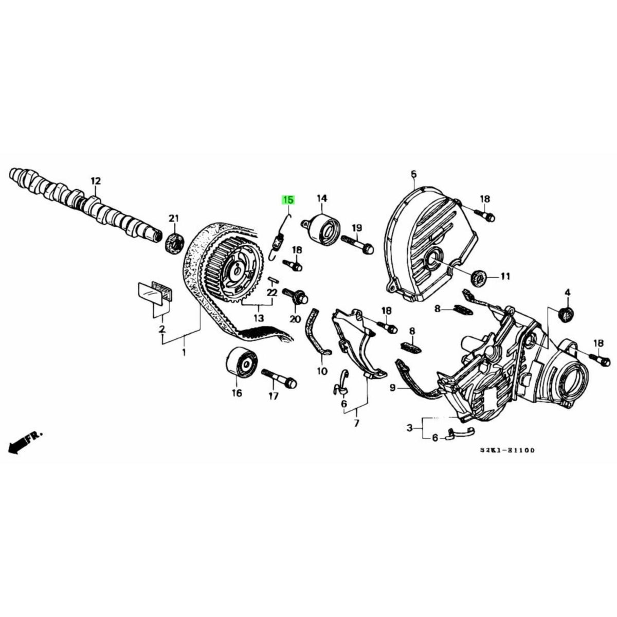 Technical diagram of Timing Belt Tensioner Spring for Honda Acty Truck HA8, HA9 models (2009-2022), showcasing detailed parts layout.