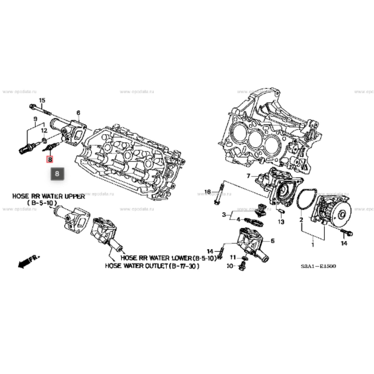 Technical diagram of the Honda Acty Truck HA8, HA9 models (2009-2022) featuring the Water Temperature Sensor (Thermo Unit) with detailed parts schematic.