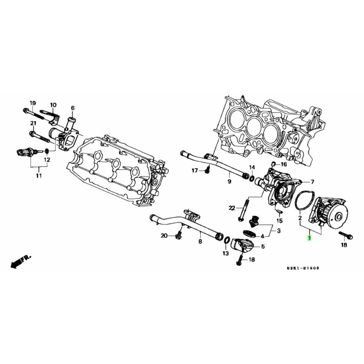 Technical diagram of a water pump for Honda Acty Truck HA8, HA9 models (2009-2022), showcasing detailed component layout and assembly.