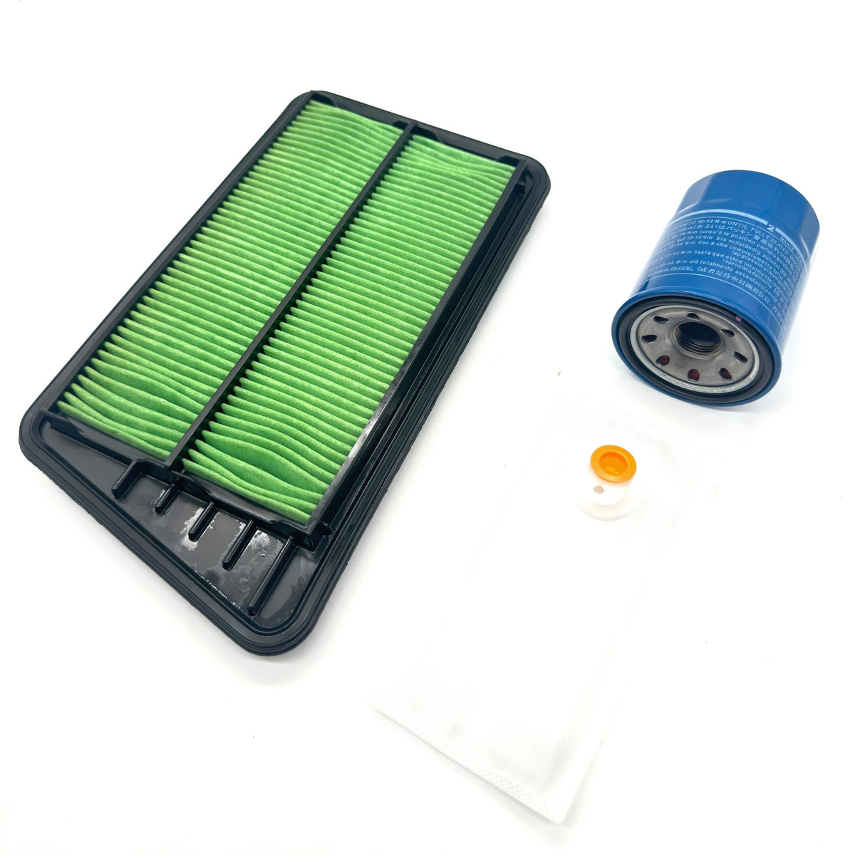 3 Piece Filter Package for Honda Acty Truck HA6, HA7 Models (1999-2009) featuring a green air filter, blue oil filter, and white fuel filter.