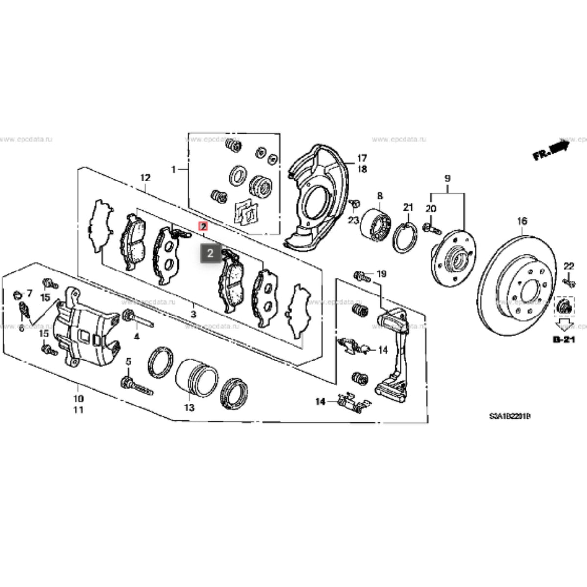 Technical diagram of a front brake pad set for Honda Acty Van HH5, HH6 models (1999-2009), showcasing individual components and assembly layout.