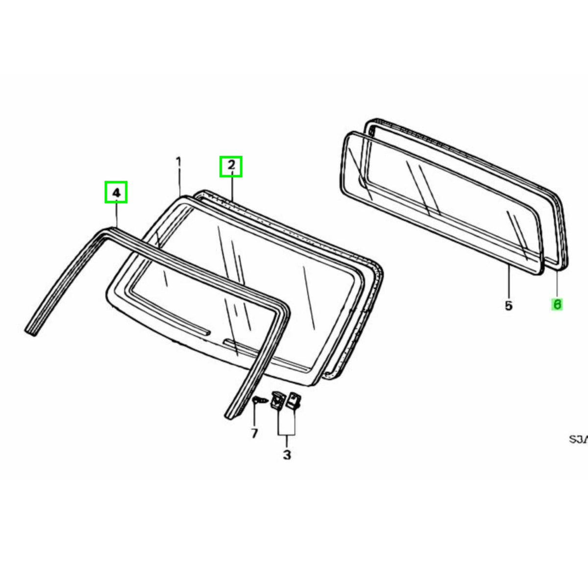 Technical diagram of windshield molding for Honda Acty Truck HA8, HA9 models (2009-2022), showcasing detailed parts and assembly layout.