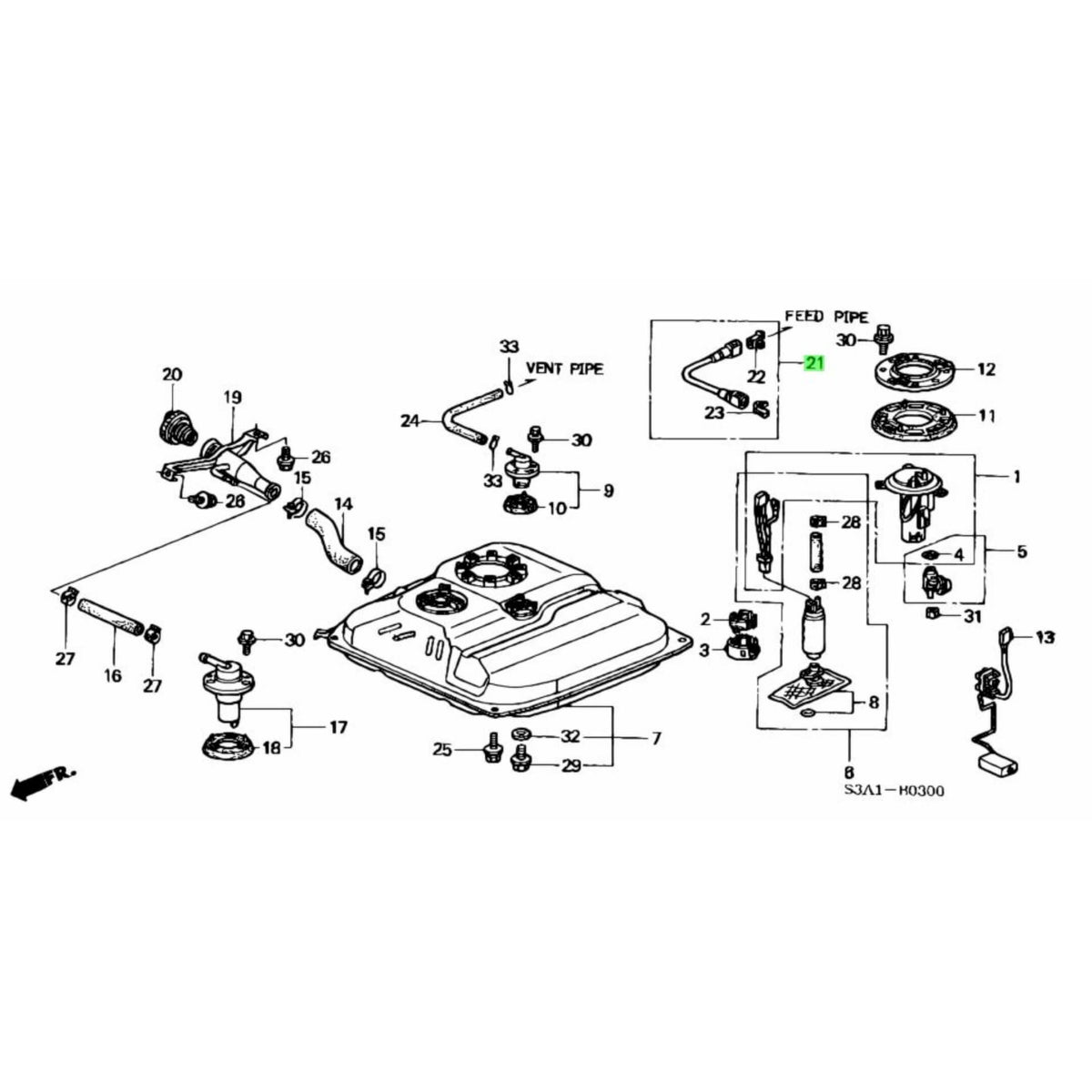 Technical diagram of fuel pump tubing for Honda Acty Truck HA8, HA9 models (2009-2022), showcasing parts layout and connections.