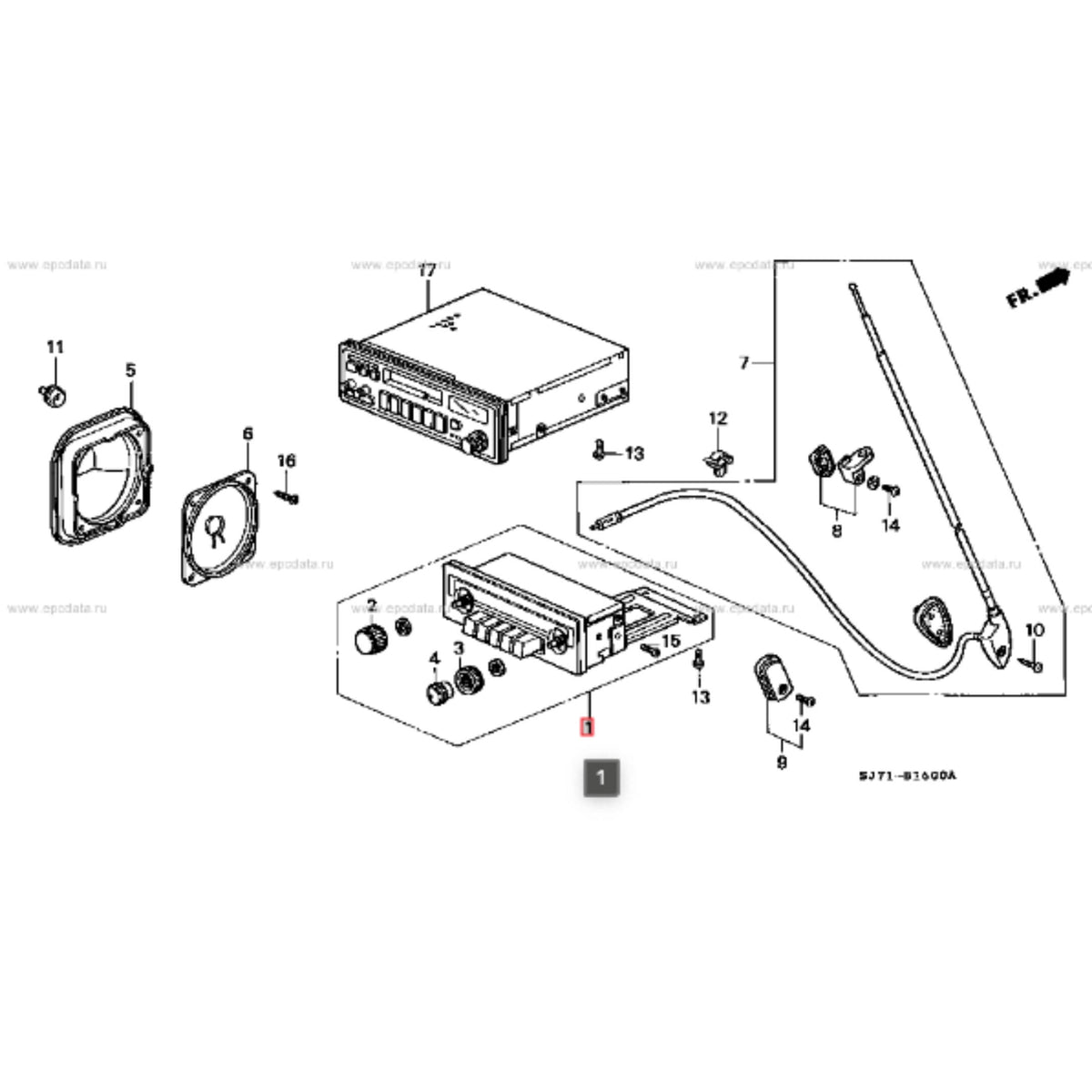 Exploded diagram indicating the position and fitment of the Honda radio within Acty Van HH3, HH4 models.