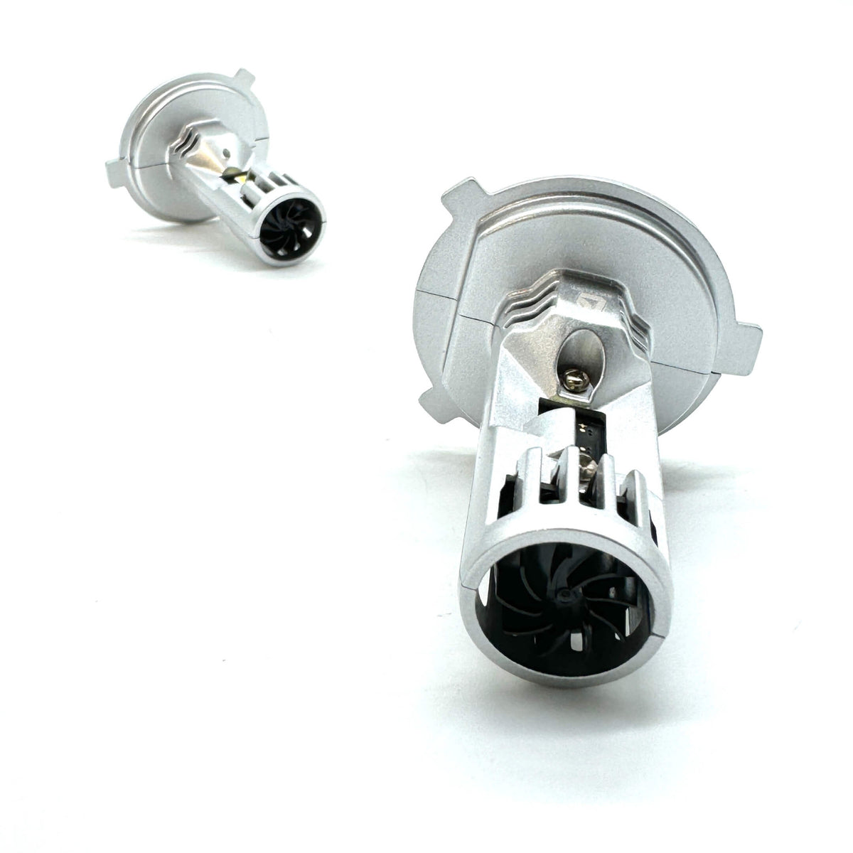 Side view of a LED headlight bulb for Kei Vans highlighting the intricate design and heat dissipation features for extended durability.