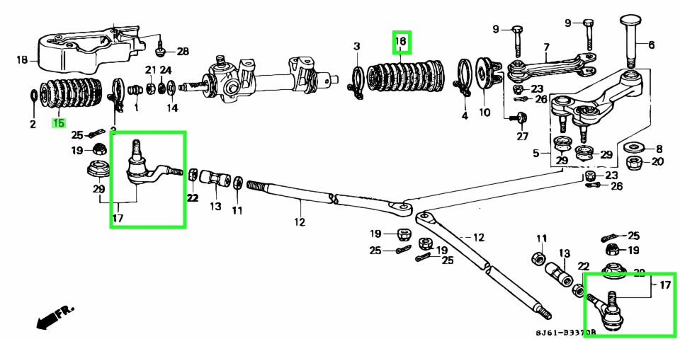Exploded-view diagram of Honda Acty HH3, HH4 steering and suspension system, highlighting the 18-piece upgrade kit components, including steering boots, strut rod bushings, and outer tie rod set for 1990-1999 models.