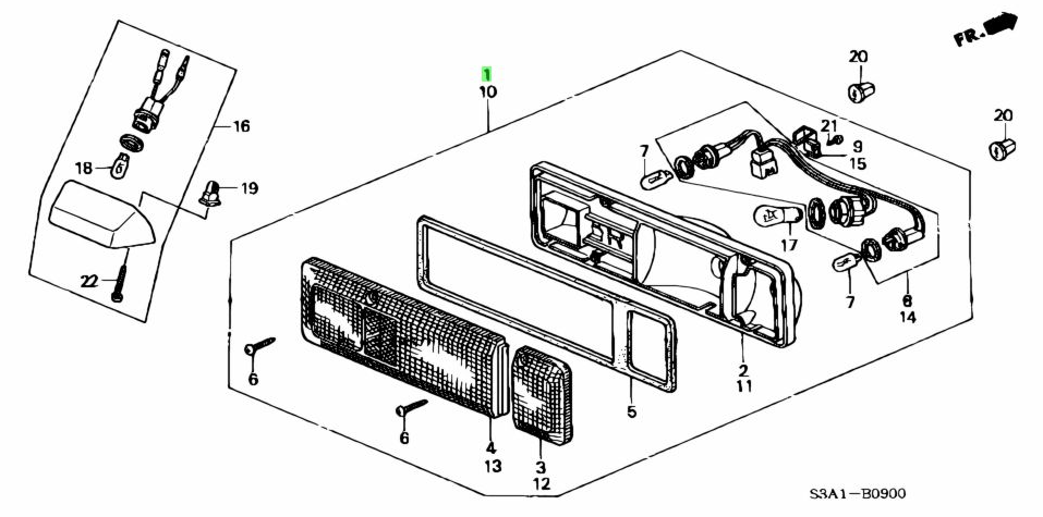 Full tail light assembly kit for the right side of Honda Acty Van HH3, HH4 models (1990-1999) - detailed parts diagram including housing, lens, bulbs, wiring, and mounting hardware