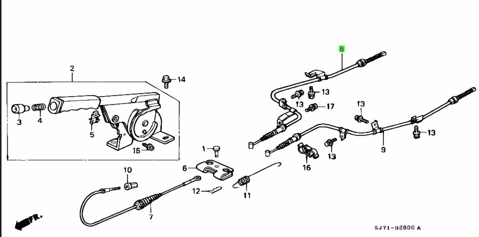 Exploded diagram of Honda Acty Van HH3, HH4 parking brake system, focusing on the rear RH wheel cable integration with the braking assembly.