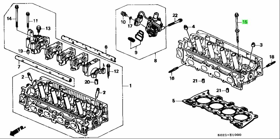 Exploded diagram of Honda Acty engine components highlighting the placement of cylinder head bolts, compatible with HH3, HH4 models from 1990-1999.
