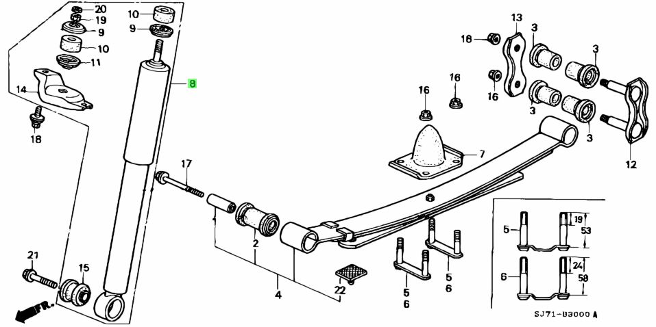 OEM Honda Acty Rear Shock Absorber assembly diagram for models HH3, HH4 (1990-1999) detailing parts and installation points.