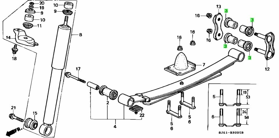 Exploded diagram of the rear spring shackle and bushing assembly for Honda Acty Van HH3, HH4 models, showing correct part placement.