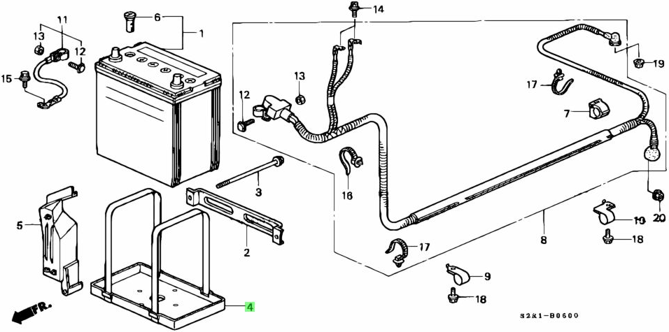 Battery Tray for Honda Acty Truck HA8, HA9 Models 2009-2022, technical diagram showcasing parts and assembly details.