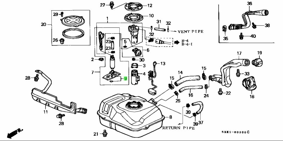 Technical diagram of a fuel filter for Honda Acty Van HH5, HH6 models (1999-2009), highlighting components and connections.