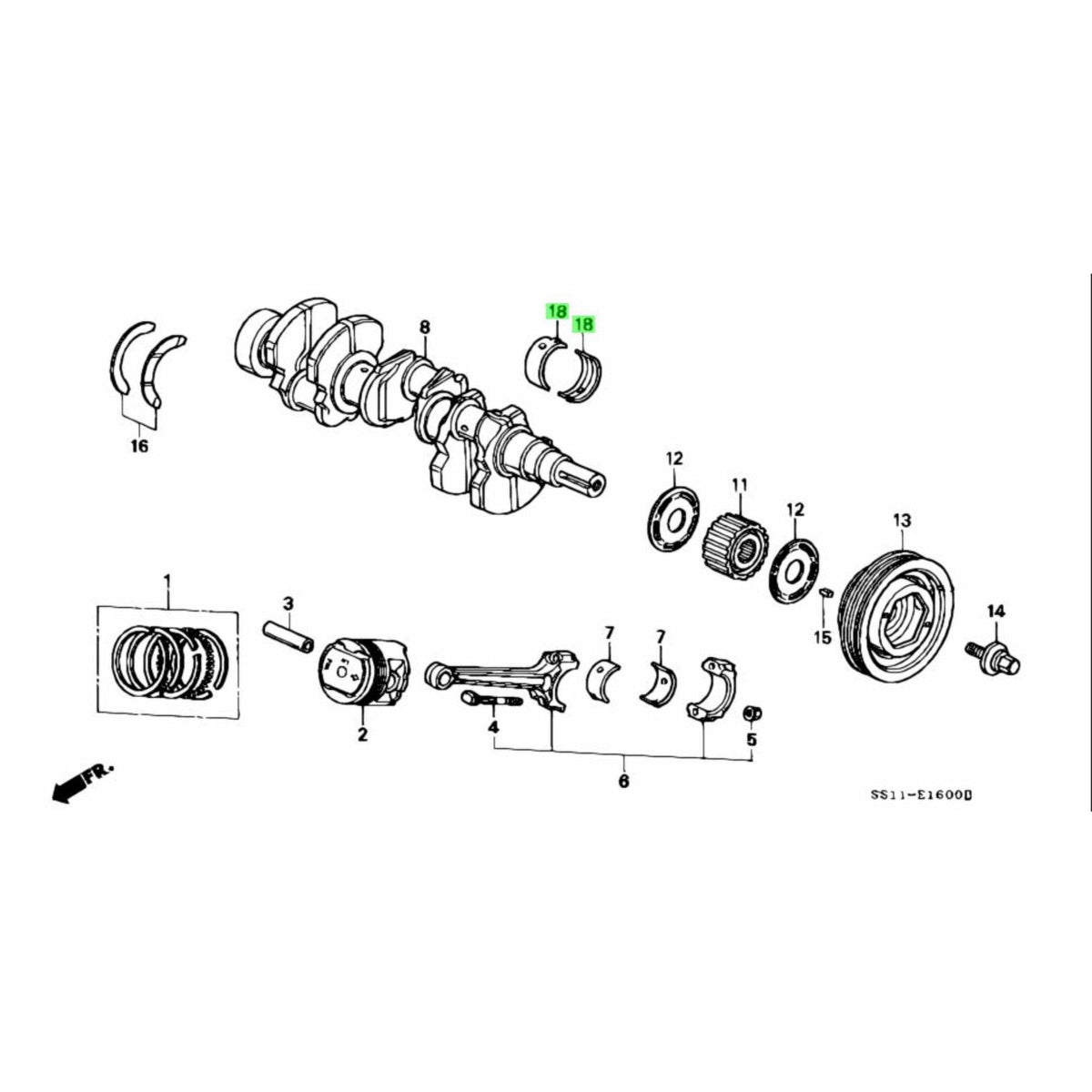 Exploded view diagram of Honda Acty Van engine showcasing the placement of Crank Shaft Bearings.