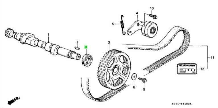 Diagram showing camshaft oil seal position for Honda Acty HA3 HA4 using OEM seal 91203-PFB-013, for 1990–1999 Acty Trucks.