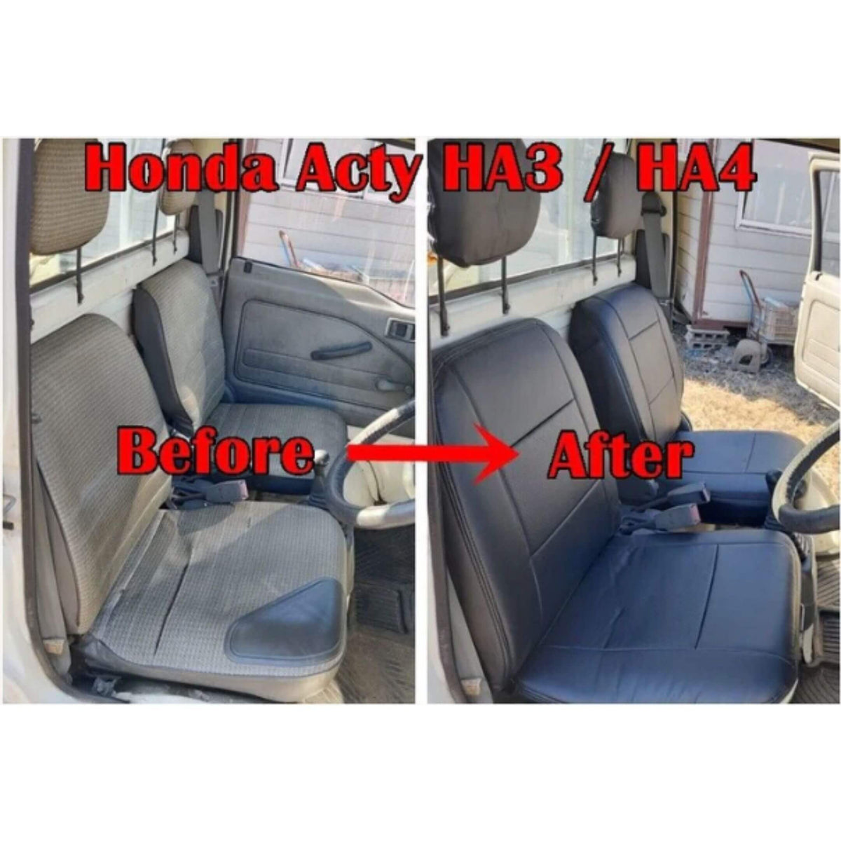 Spiegel PVC Leather Seat Covers for Honda Acty HA3, HA4 models (1990-1999) showcasing a durable, waterproof black fit with a before-and-after installation comparison.