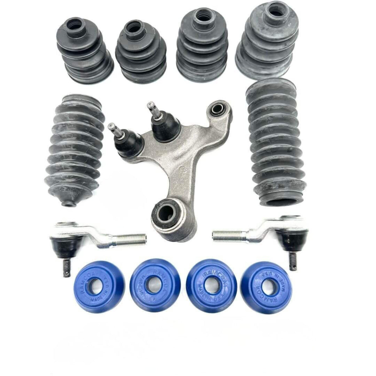 Honda Acty HA3 HA4 1990-1999 steering suspension upgrade kit layout with center link arm, tie rod ends, steering rack boots, ball joint dust boots, and blue polyurethane bushings on white background