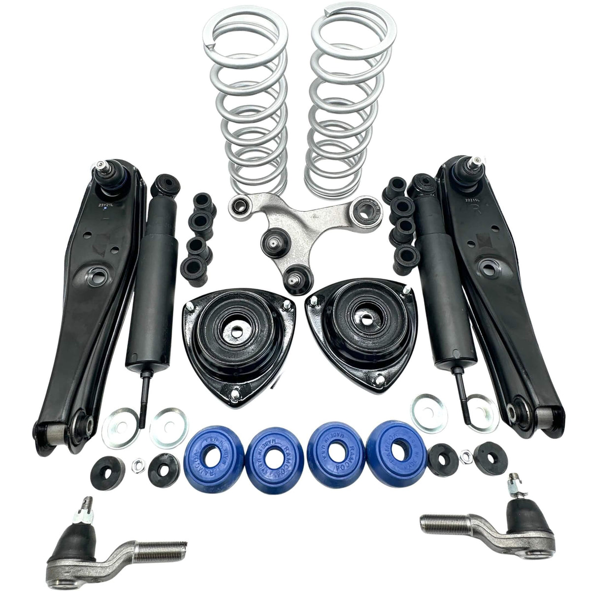 Honda Acty HA3 HA4 1990-1999 steering suspension upgrade kit 33 piece with lowering springs, front control arms, shocks, upper strut mounts, blue polyurethane bushings, hardware, and tie rod ends on white background