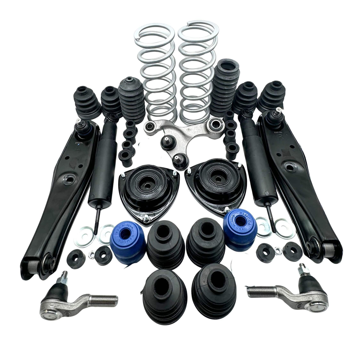 Honda Acty HA3 HA4 1990-1999 steering suspension upgrade kit 41 piece with lowering springs, front control arms, shocks, upper mounts, tie rod ends, steering rack boots, dust boots, bushings, and hardware on white background